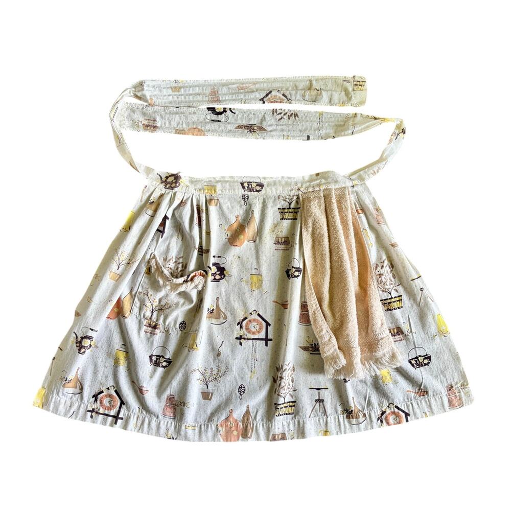 Vintage 50s Half Apron Novelty Kitchen Print Kitsch Attached Hand Towel Cotton